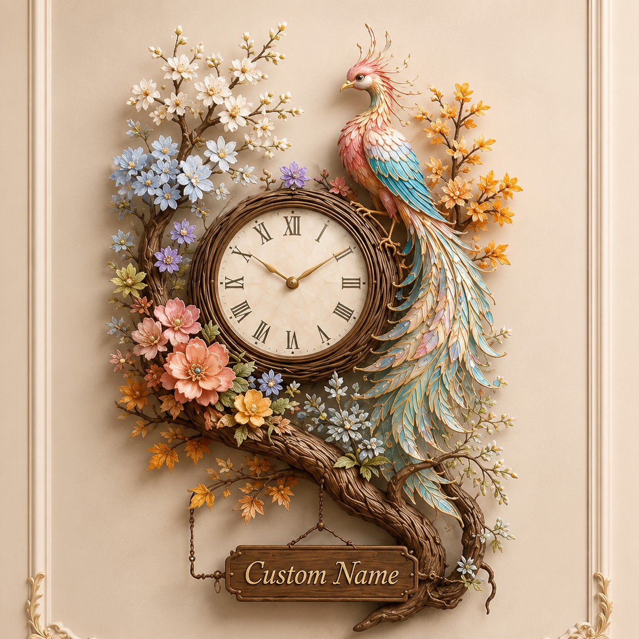 Phoenix floral Custom Name Wall Clock — personalized with a custom name