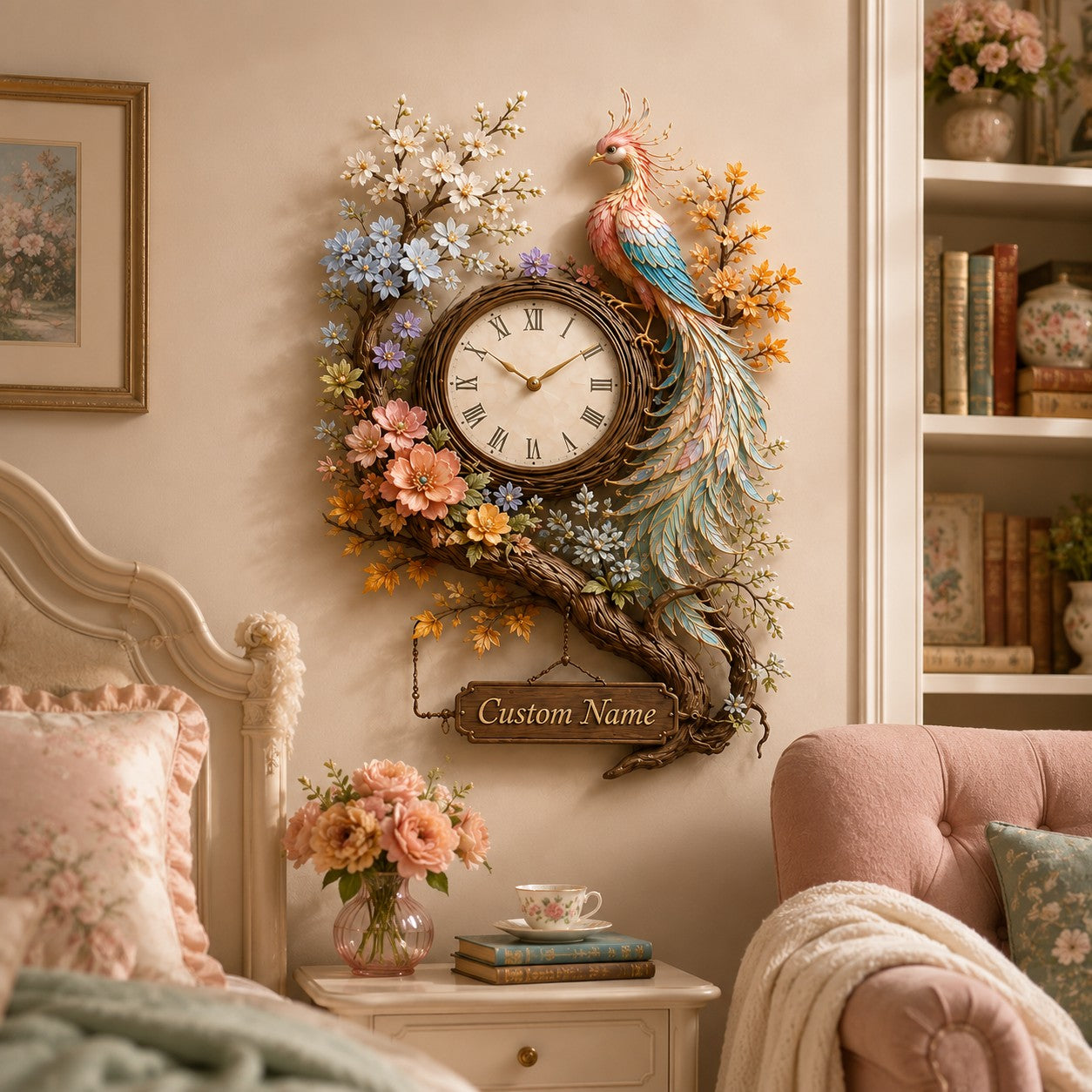 Phoenix floral Custom Name Wall Clock — personalized with a custom name