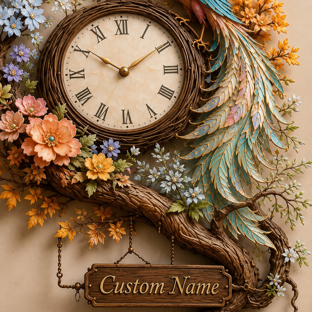 Phoenix floral Custom Name Wall Clock — personalized with a custom name