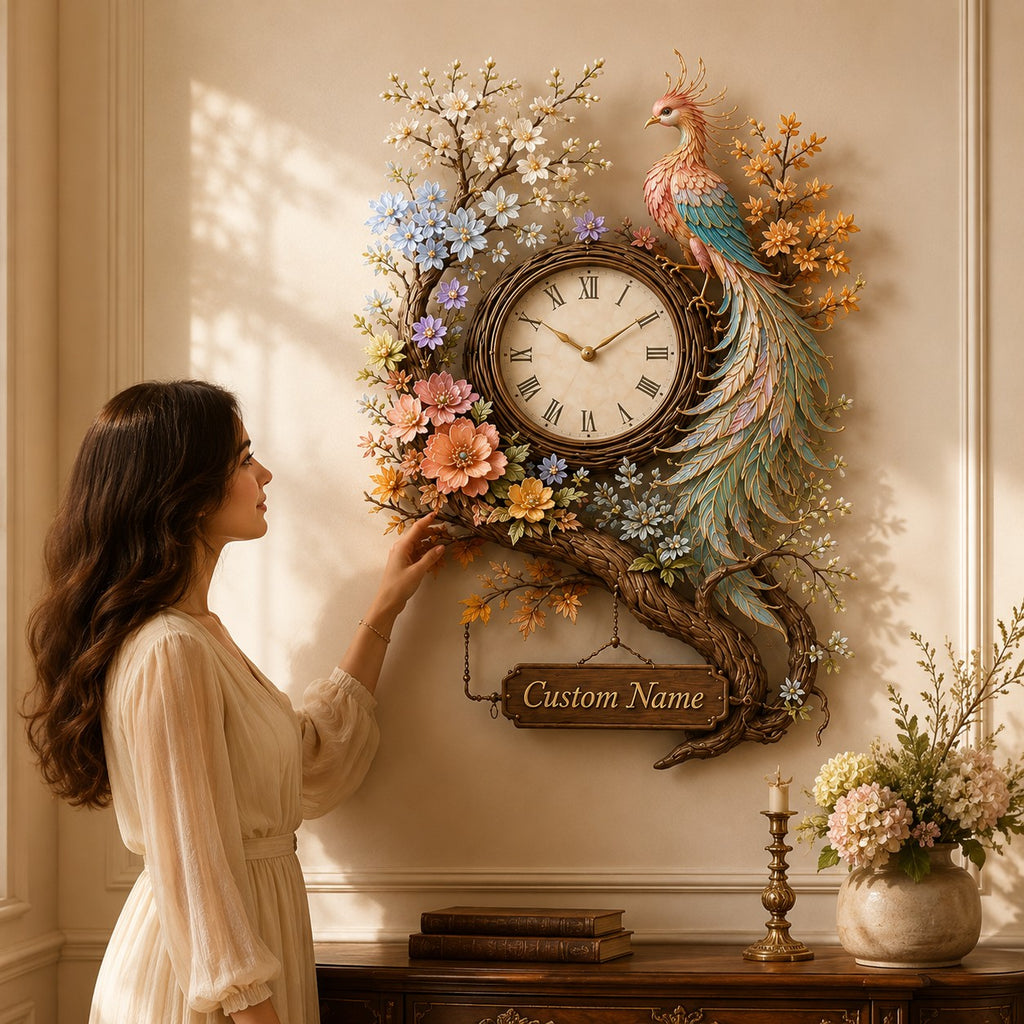Phoenix floral Custom Name Wall Clock — personalized with a custom name