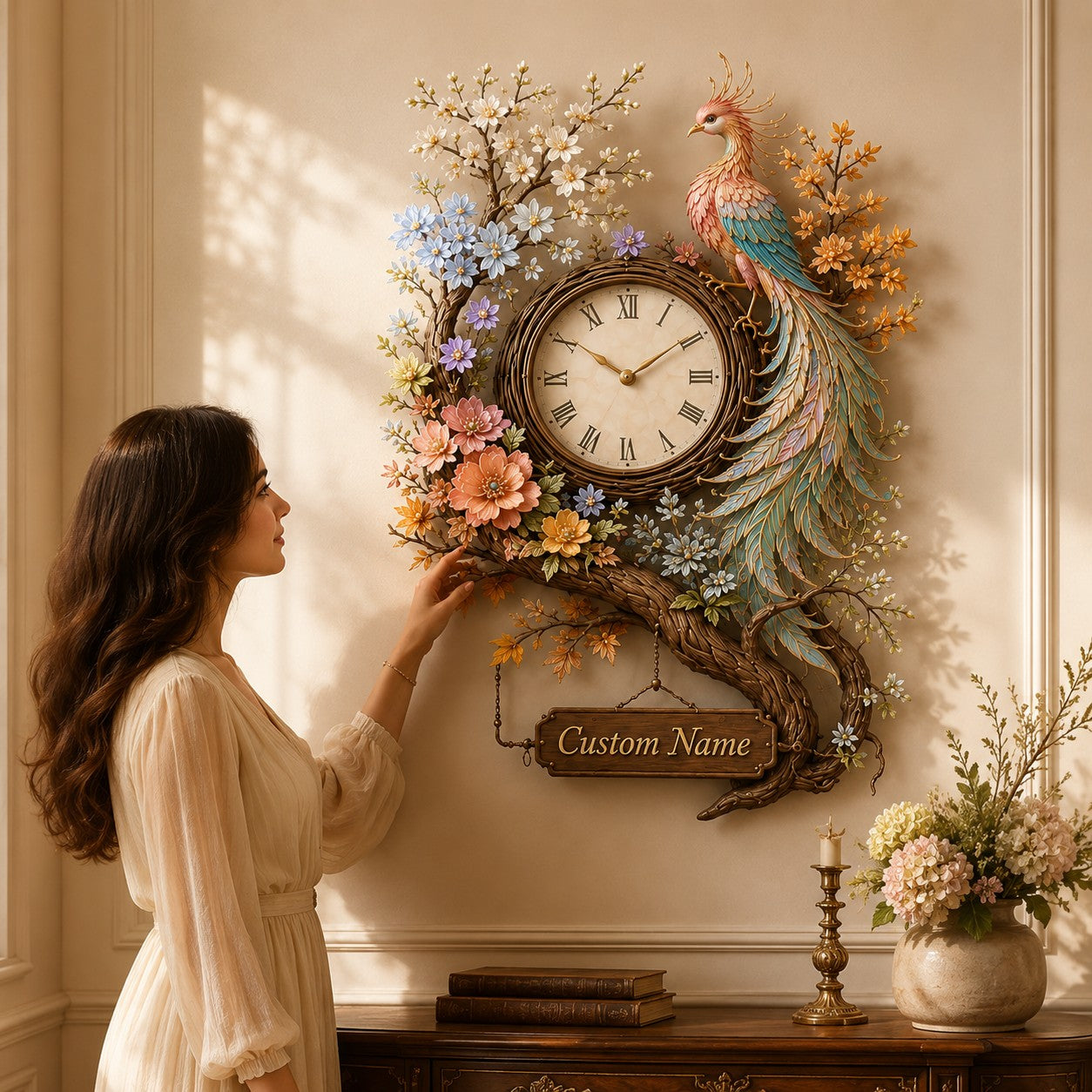 Phoenix floral Custom Name Wall Clock — personalized with a custom name
