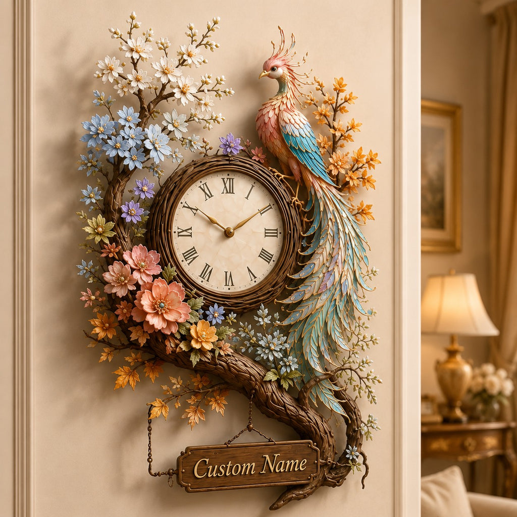 Phoenix floral Custom Name Wall Clock — personalized with a custom name