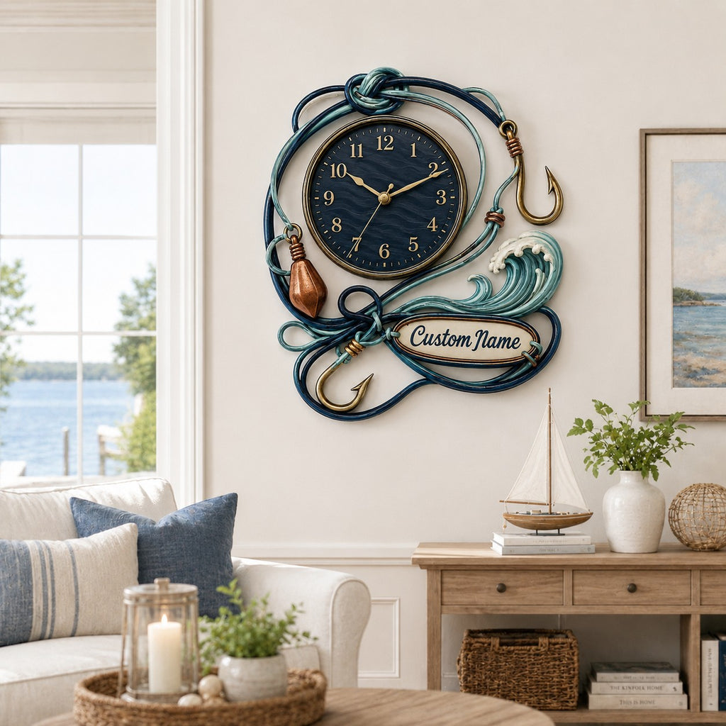 Personalized fishing line wall clock — personalized with a custom name