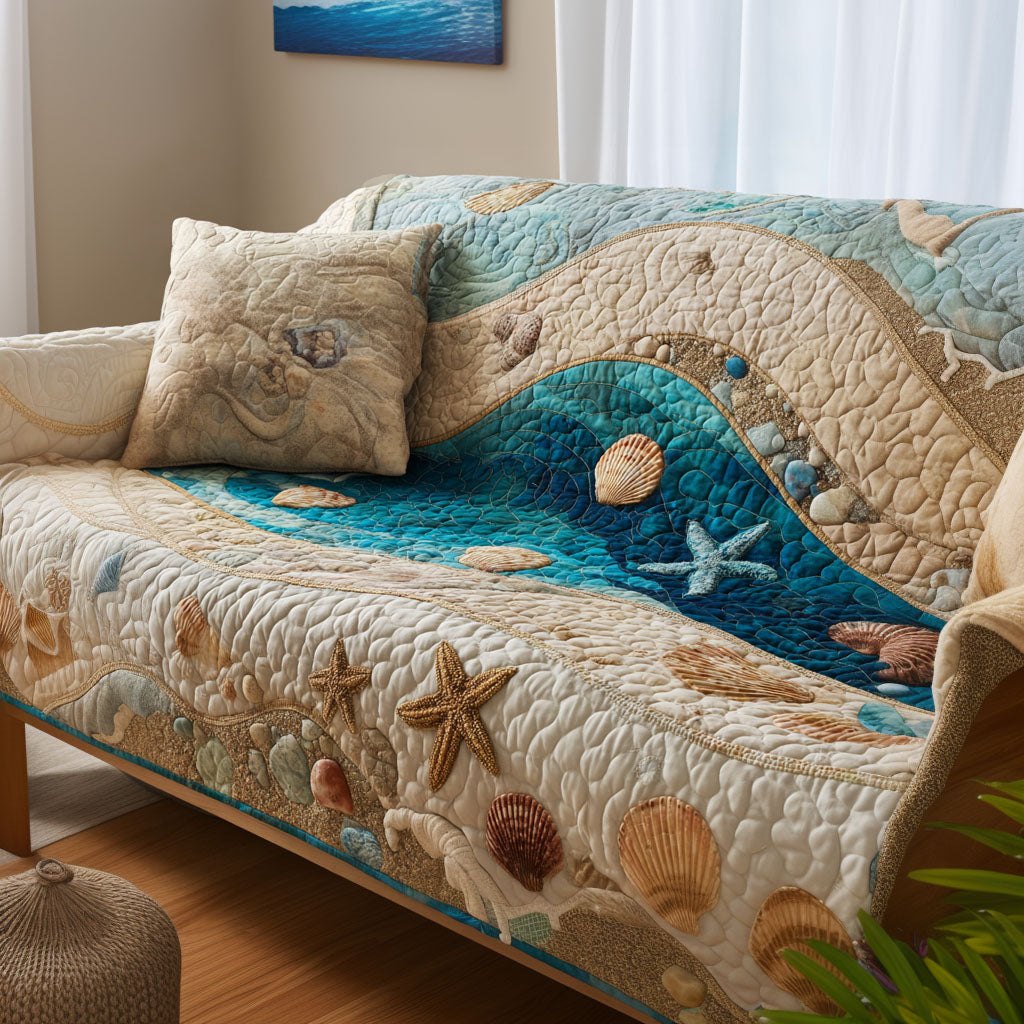 Shells and Starfish on Cream and Teal Sofa Cover