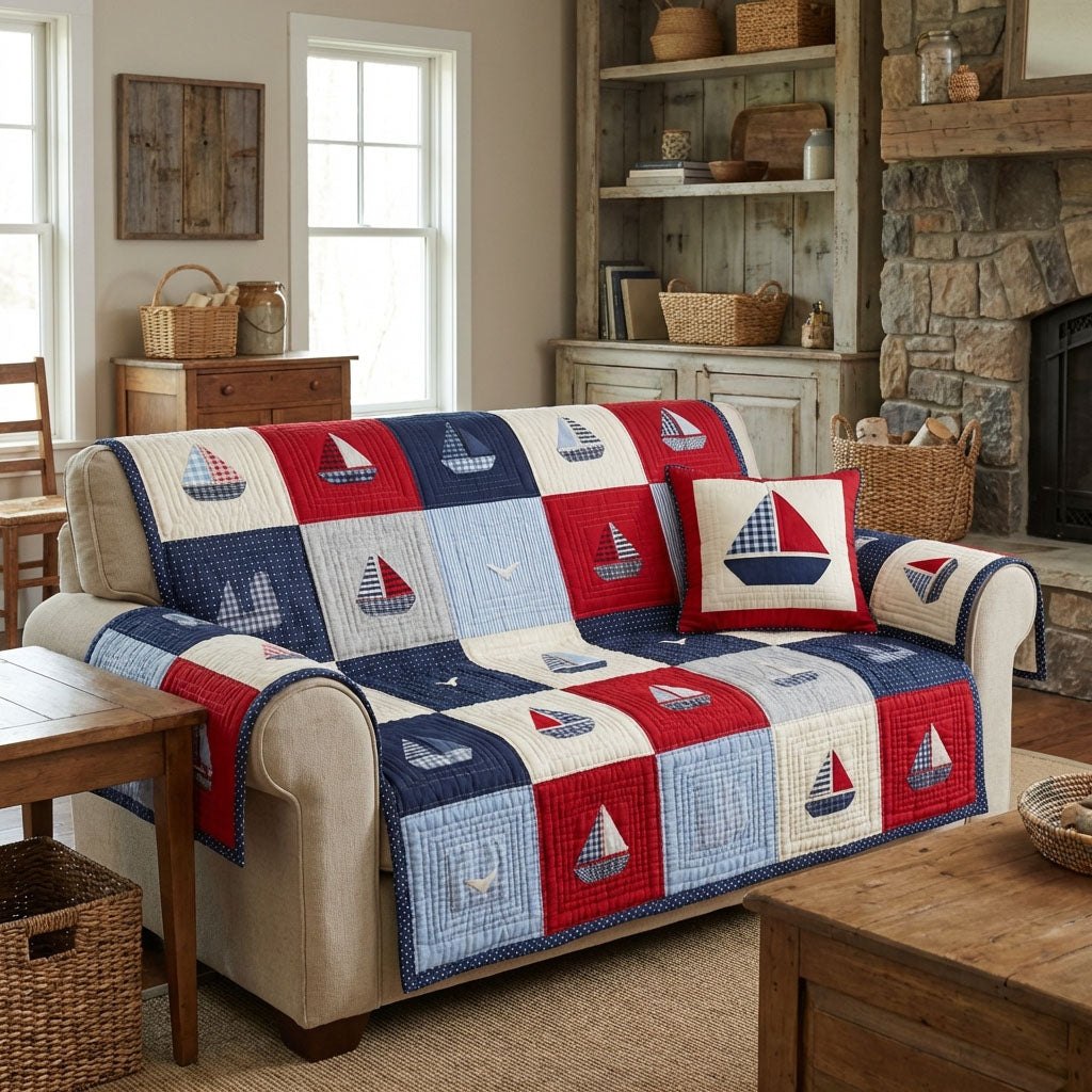 Sailboats in Red White and Blue Squares Sofa Cover
