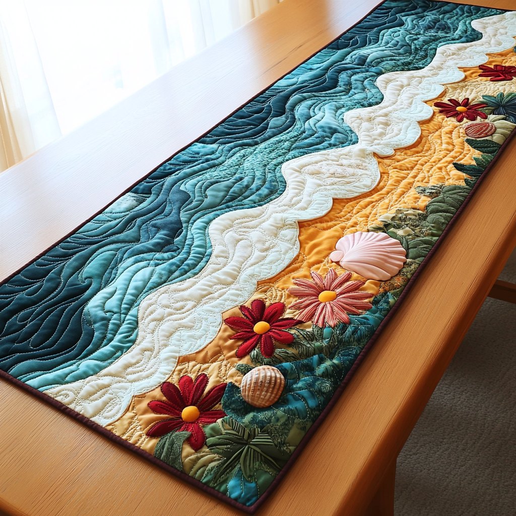 Ocean Waves with Tropical Flowers Table Runner