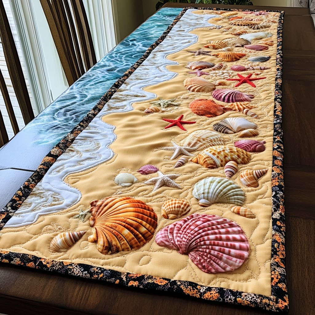 Shells on Sand Beneath Rolling Waves Table Runner