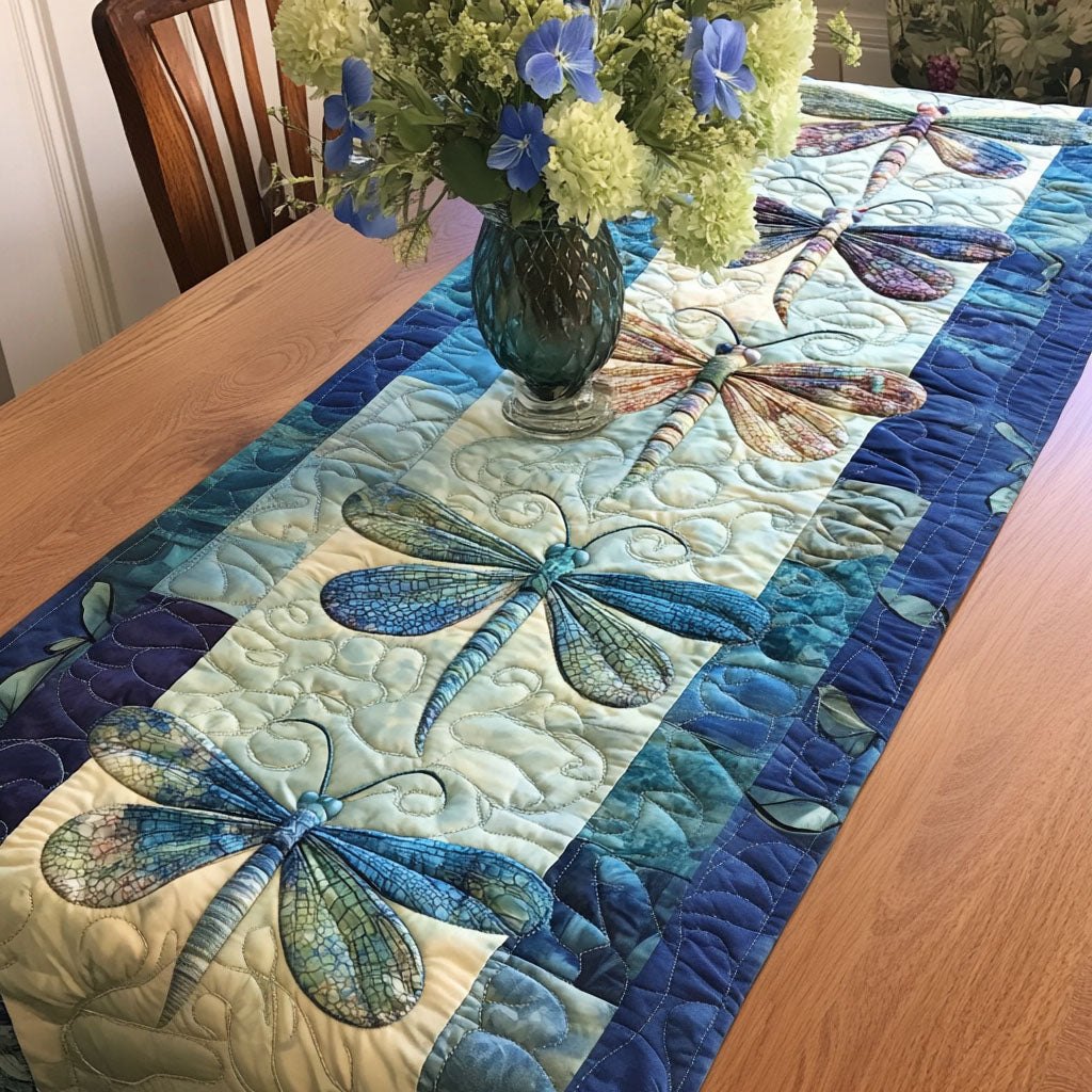 Dragonflies on Teal Blocks Table Runner
