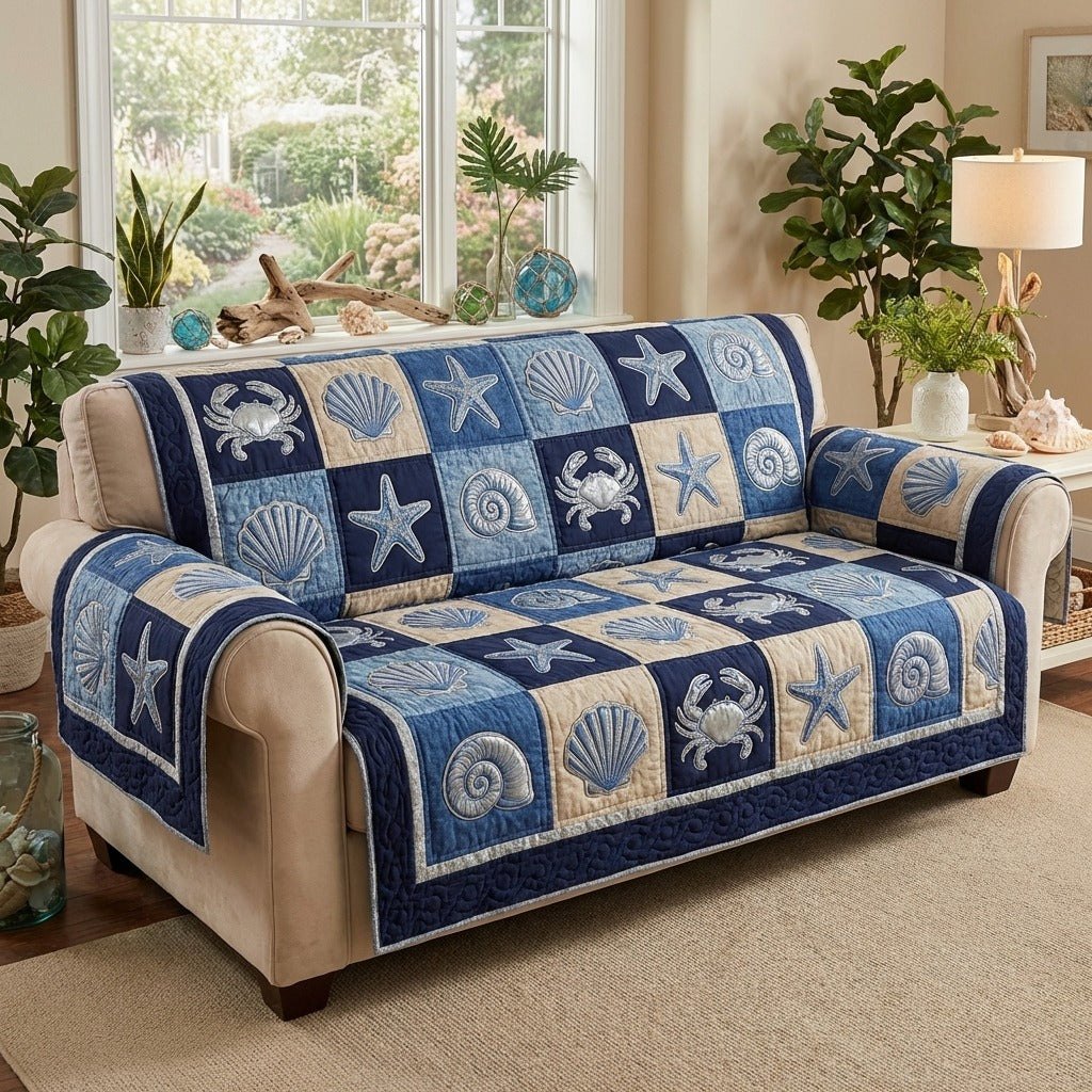 Seashell Blocks in Blue and White Sofa Cover