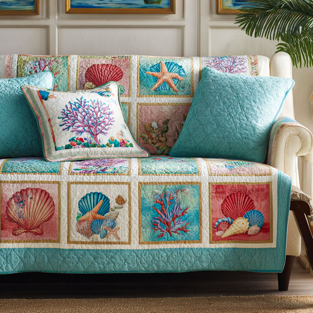 Seashell Blocks in Coral and Teal Sofa Cover