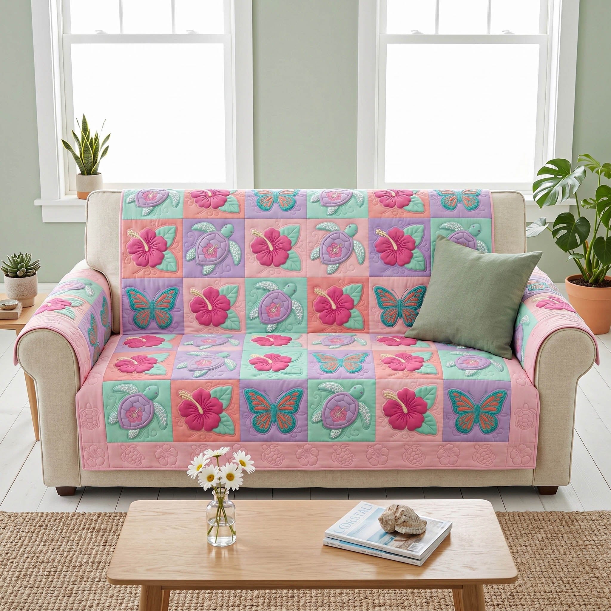 Shells on Pink and Mint Squares Sofa Cover