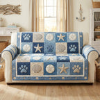 Shells and Paws on Blue Squares Sofa Cover