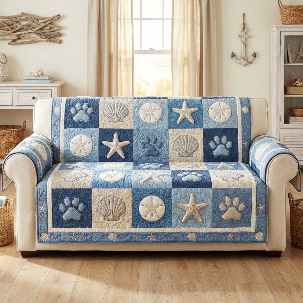Shells and Paws on Blue Squares Sofa Cover