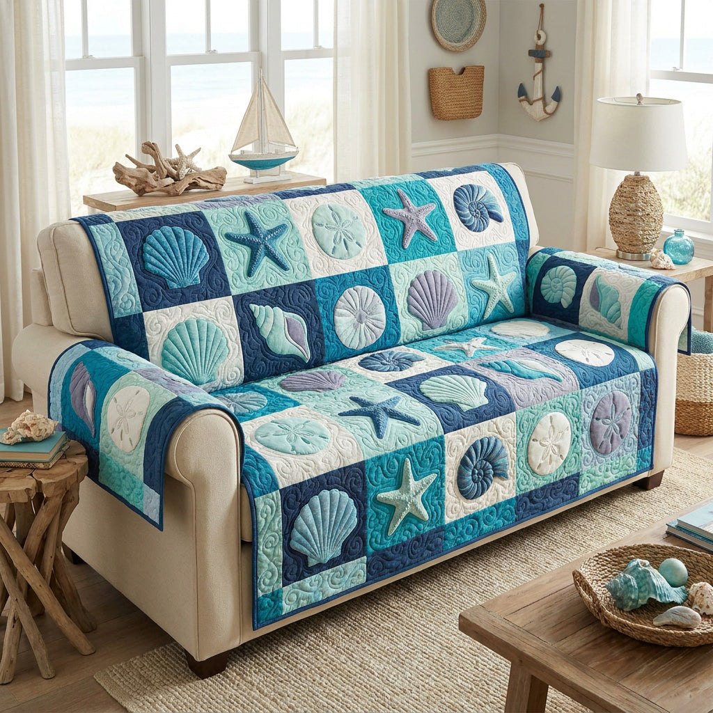 Shells on Teal and Blue Squares Sofa Cover
