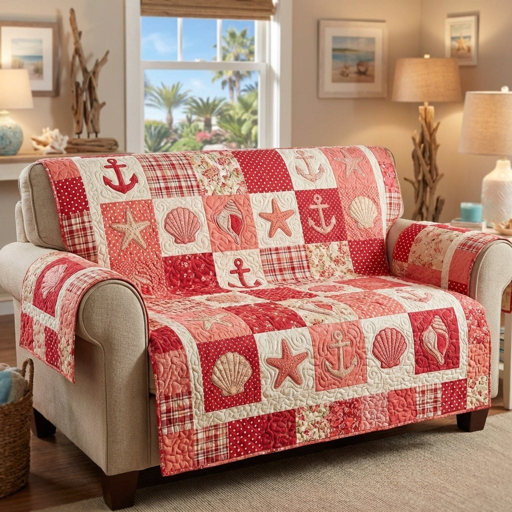 Shells and Anchors on Red Squares Sofa Cover