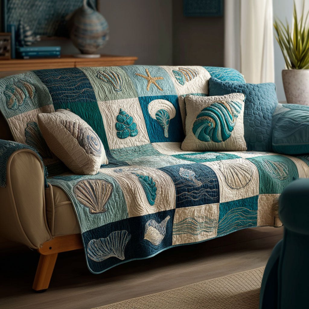 Shells on Teal and Navy Squares Sofa Cover
