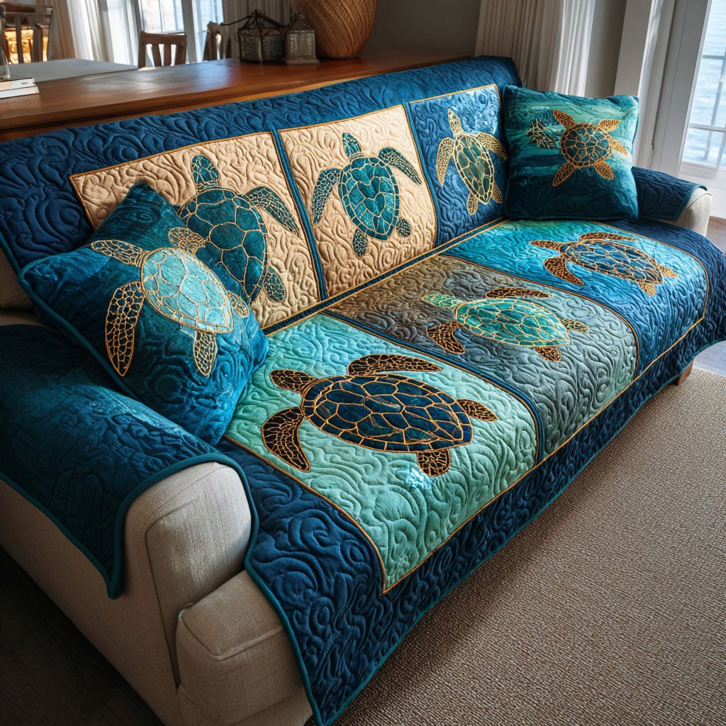 Sea Turtle on Swirling Blue Water Sofa Cover