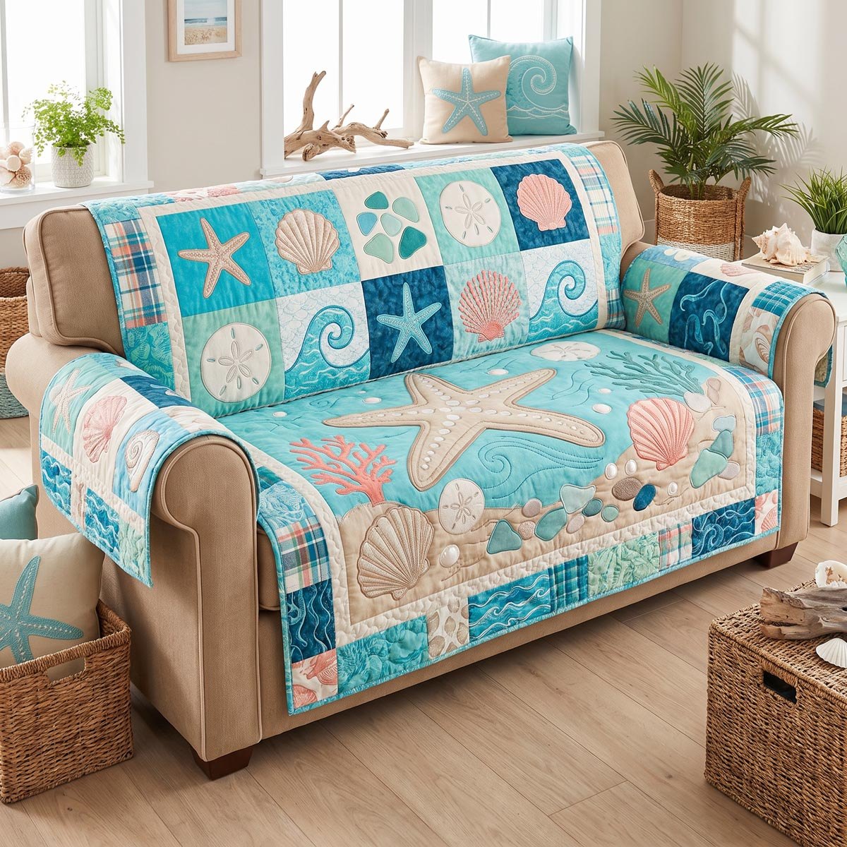 Starfish and Shells on Aqua Patchwork Sofa Cover