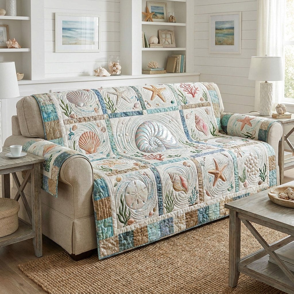 Seashells in Pale Coastal Blocks Sofa Cover