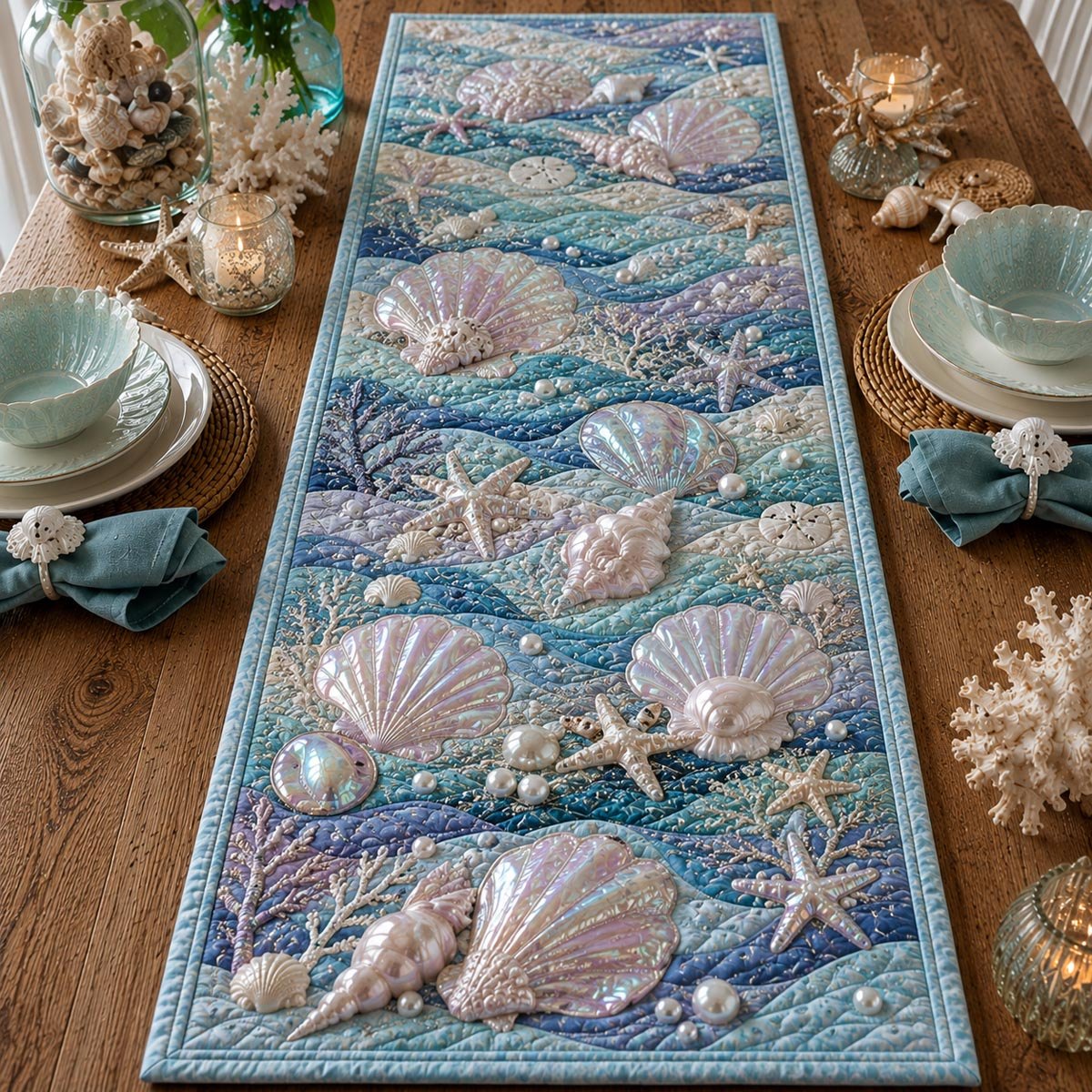 Pale Shells on Soft Blue Waves Table Runner