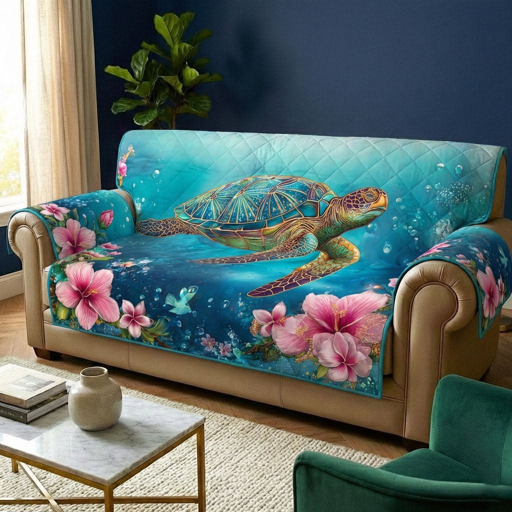 Turtle Among Pink Hibiscus Underwater Sofa Cover