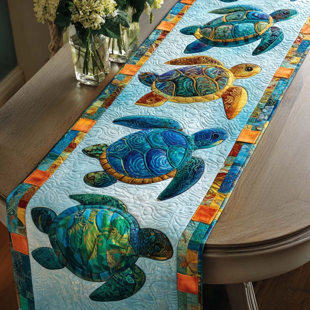 Marbled Turtles on Pale Blue Table Runner