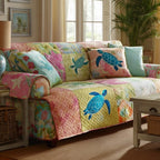 Sea Turtles on Pastel Patchwork Sofa Cover