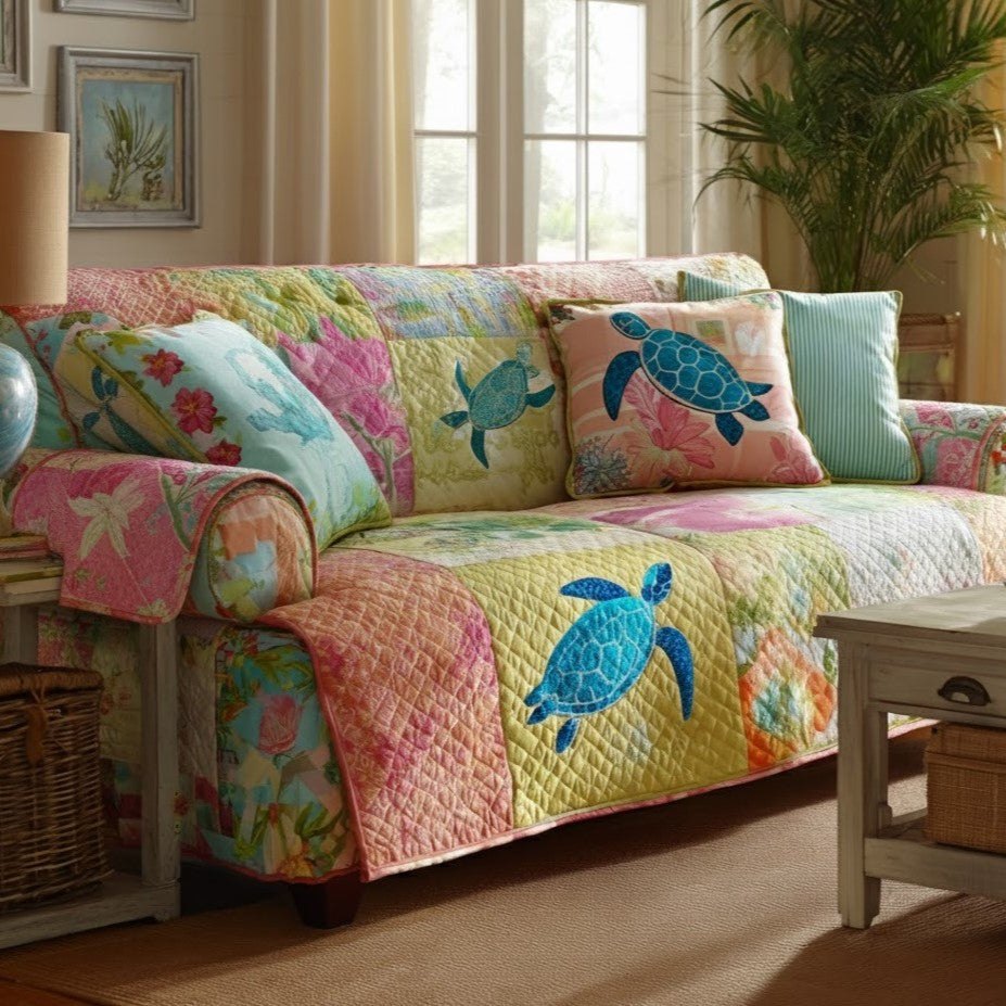 Sea Turtles on Pastel Patchwork Sofa Cover