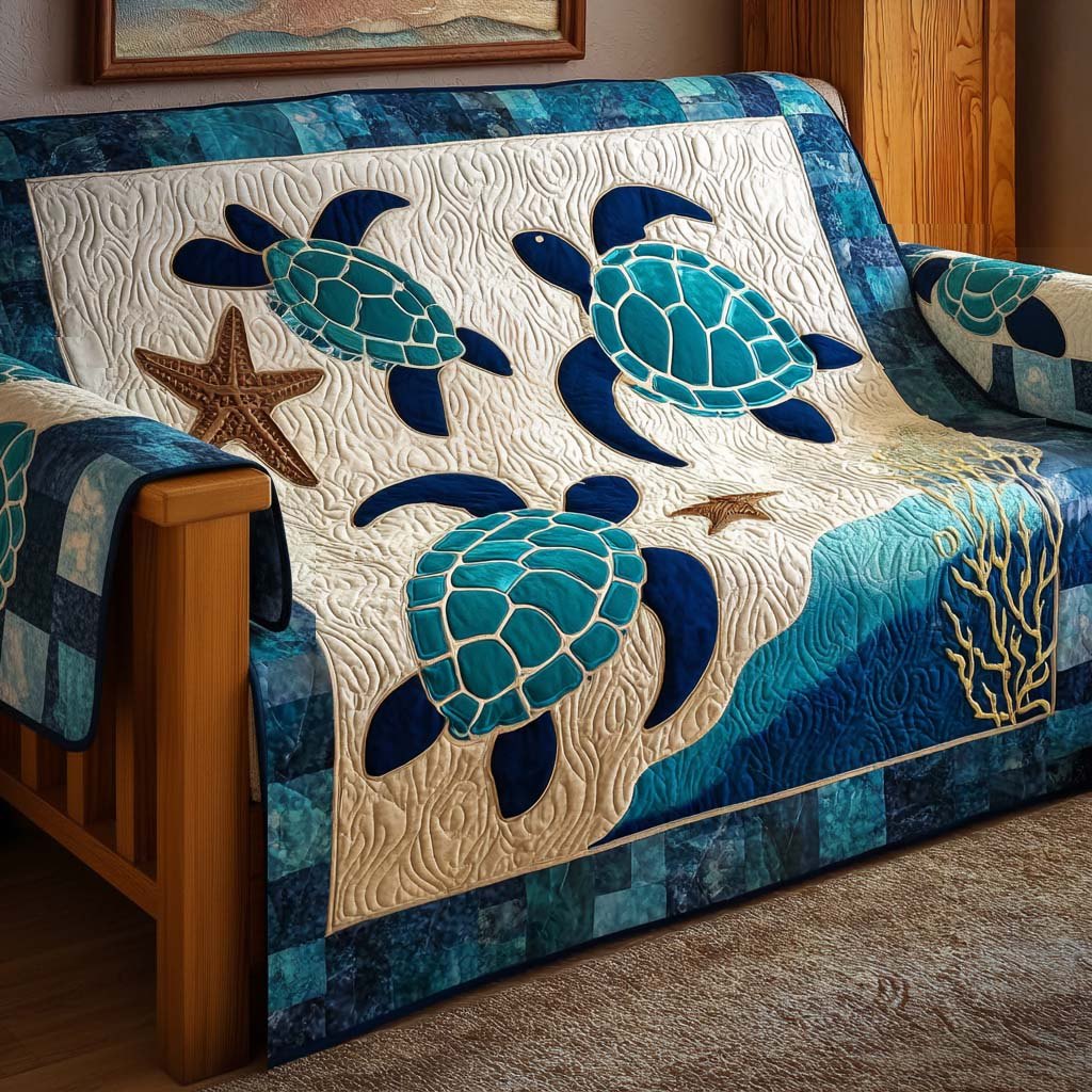 Sea Turtles on Cream and Teal Waves Sofa Cover