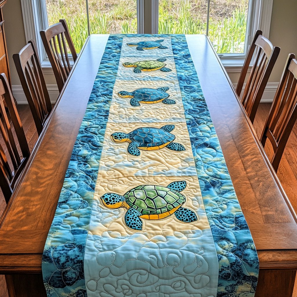 Sea Turtles on Blue Stripe Table Runner