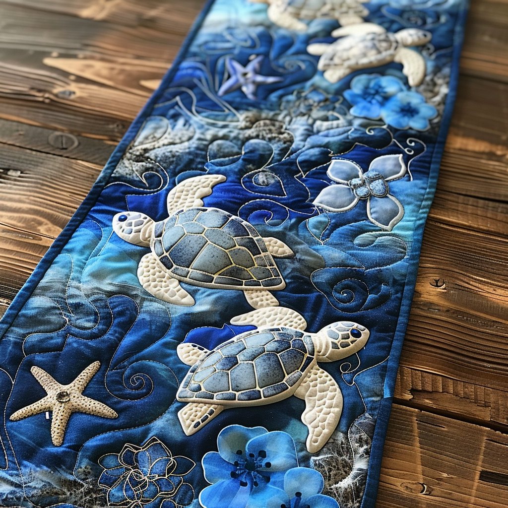 Sea Turtles with Shells on Blue Table Runner