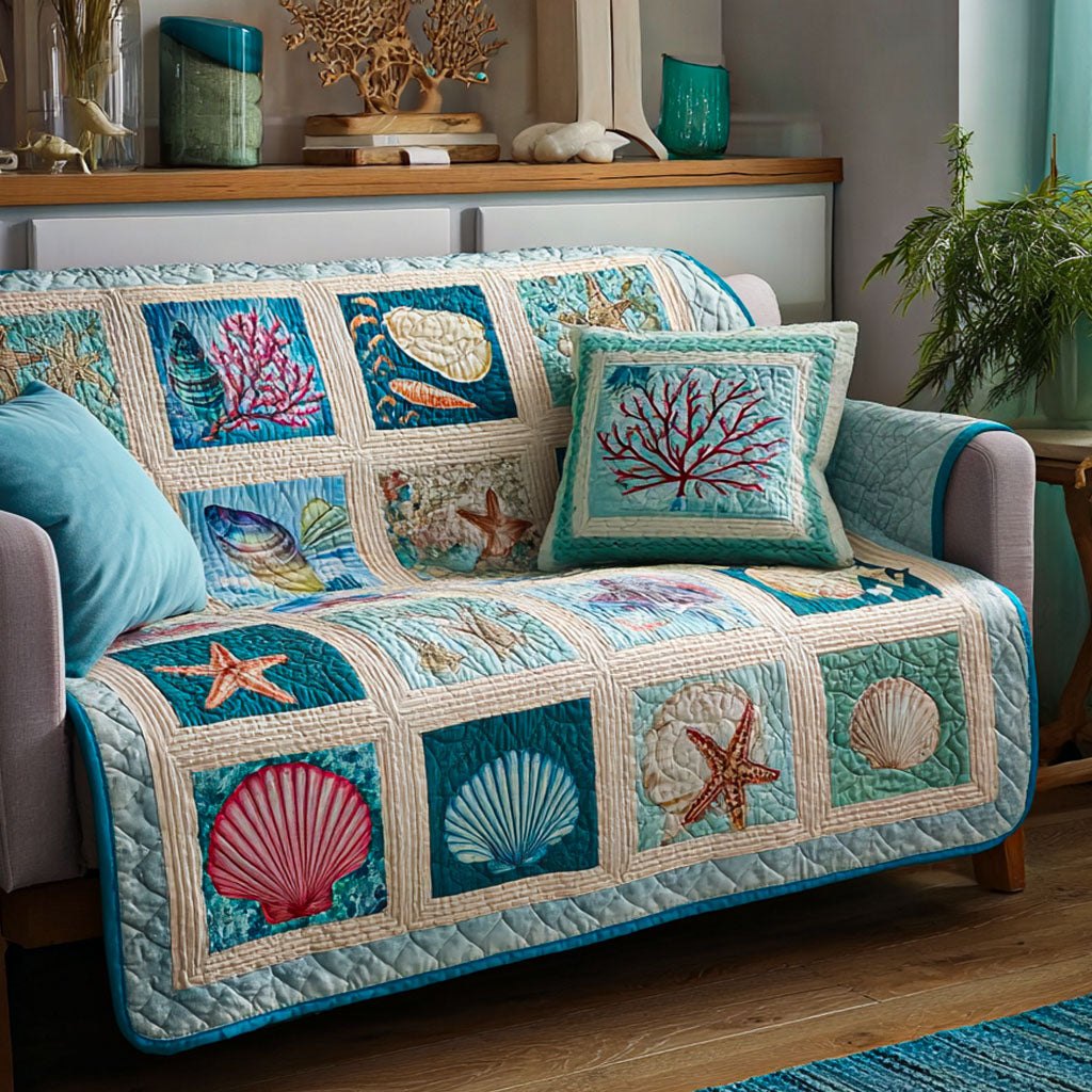 Seashells in Soft Teal Blocks Sofa Cover
