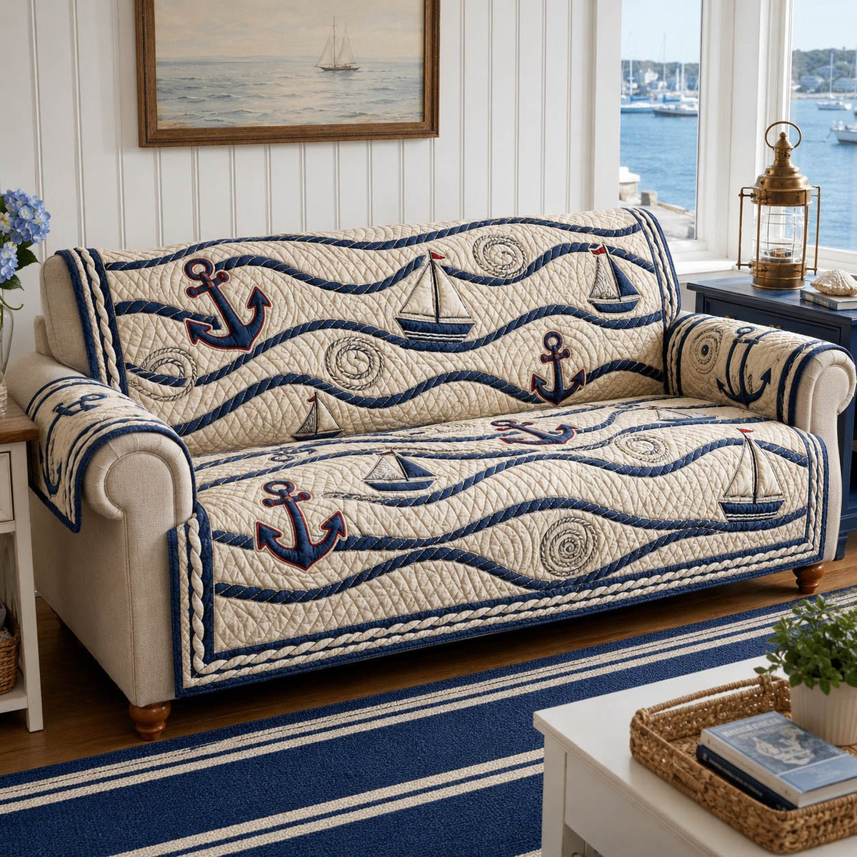 Anchors and Sailboats on Navy Waves Sofa Cover