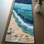 Shells on Sand Beside Teal Surf Table Runner