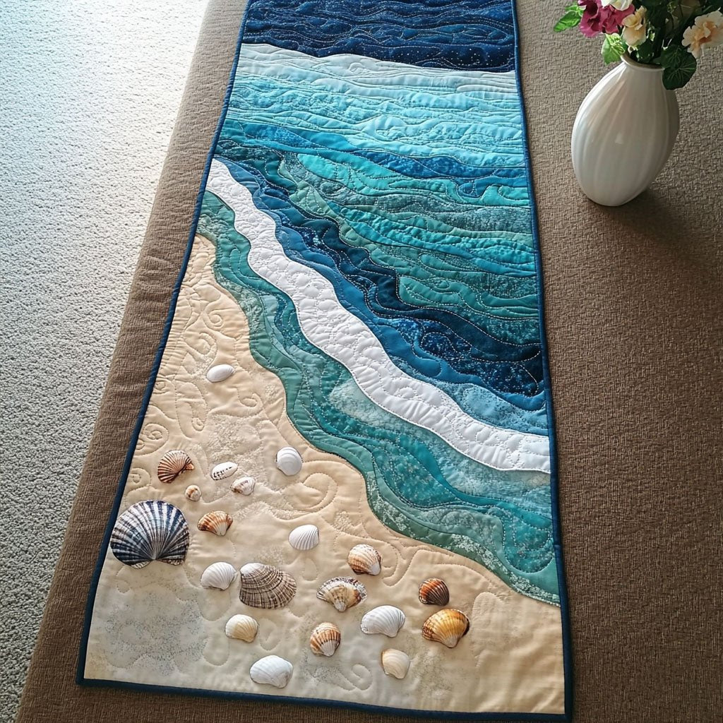 Shells on Sand Beside Teal Surf Table Runner