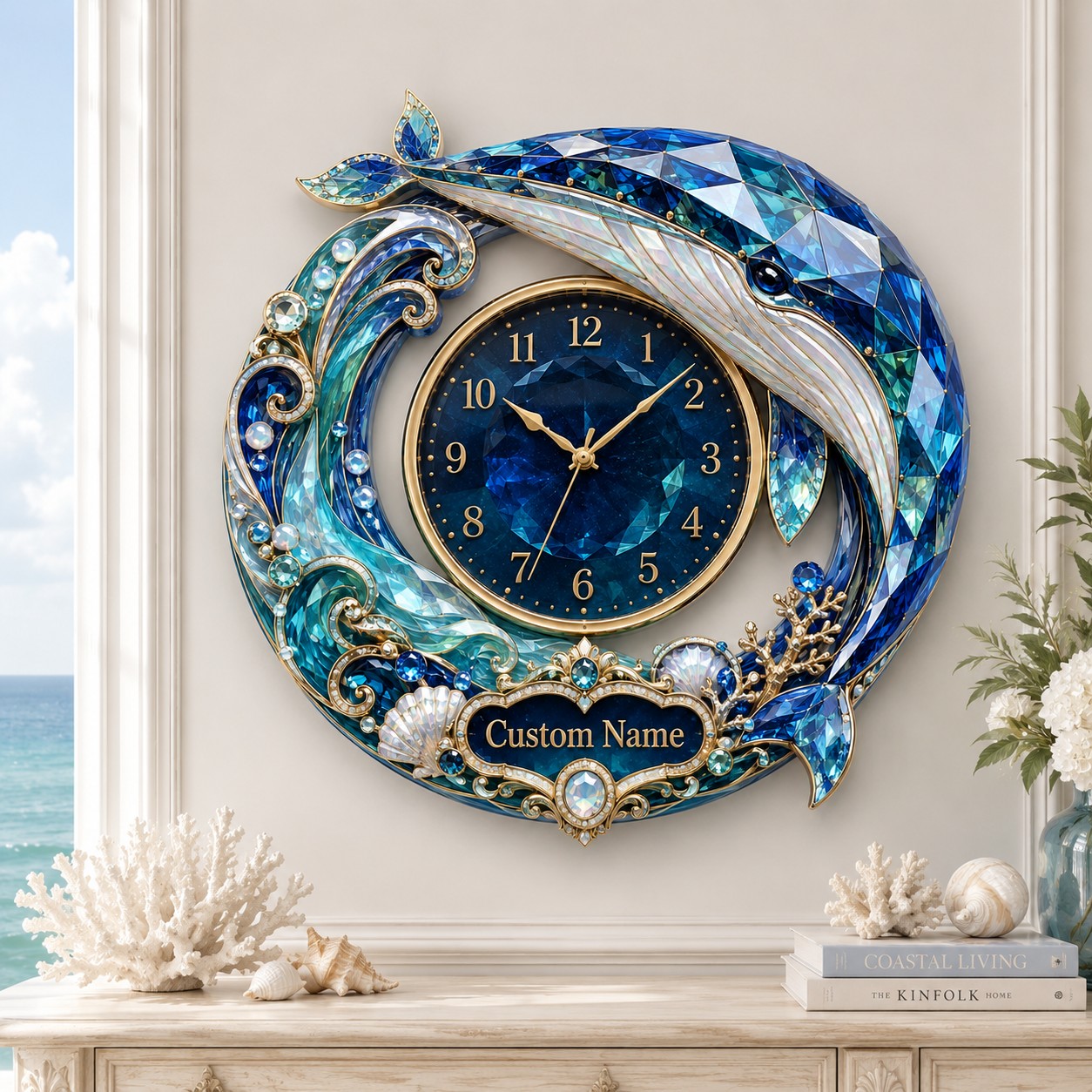 Personalized crystal whale wall clock — personalized with a custom name