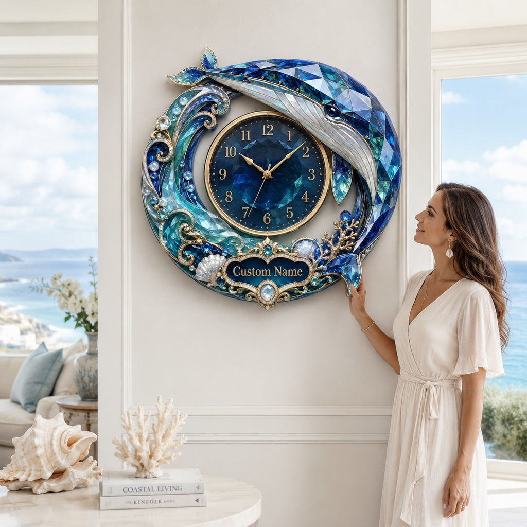 Personalized crystal whale wall clock — personalized with a custom name
