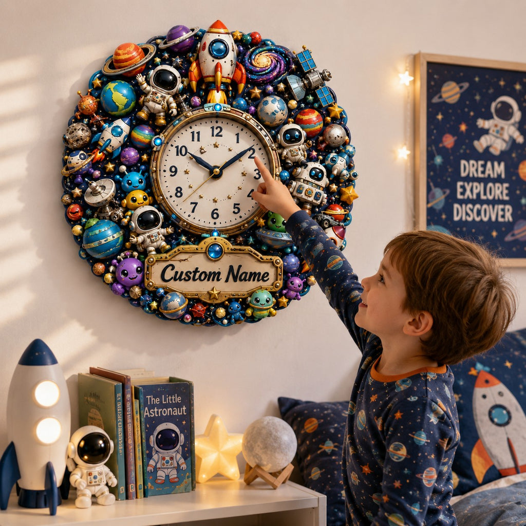 Personalized space wall clock — personalized with a custom name