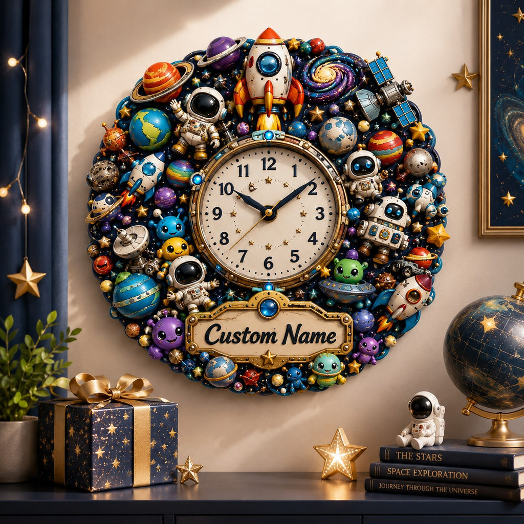 Personalized space wall clock — personalized with a custom name