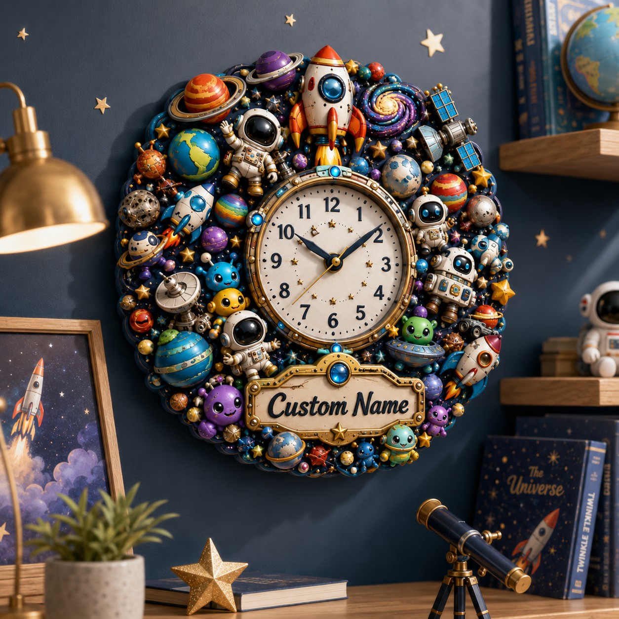 Personalized space wall clock — personalized with a custom name