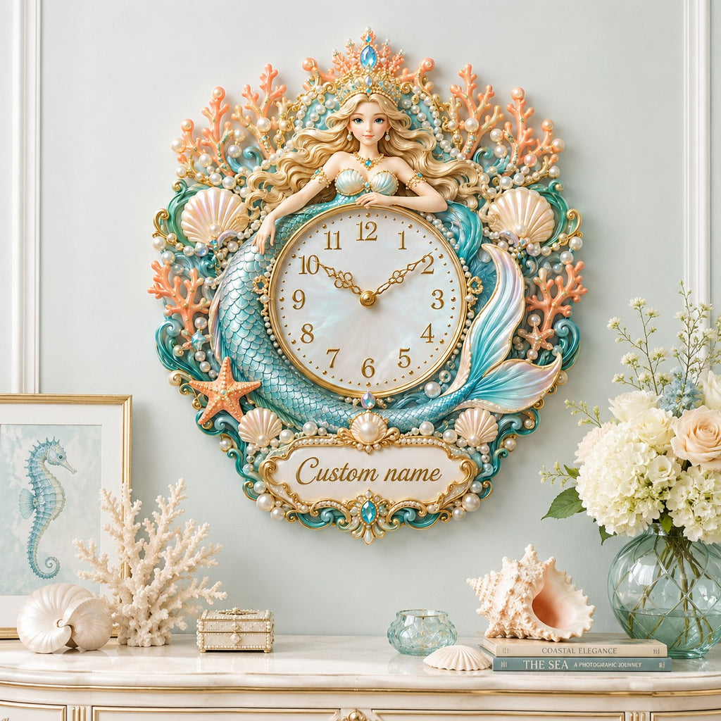 Personalized mermaid wall clock — personalized with a custom name