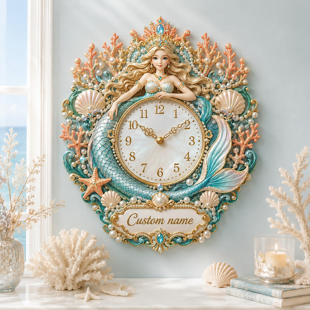Personalized mermaid wall clock — personalized with a custom name