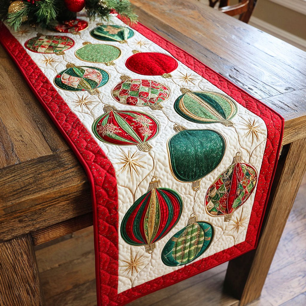 Christmas Ornaments with Red Border Table Runner