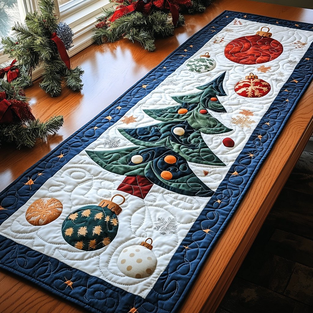 Christmas Tree with Round Ornaments Table Runner