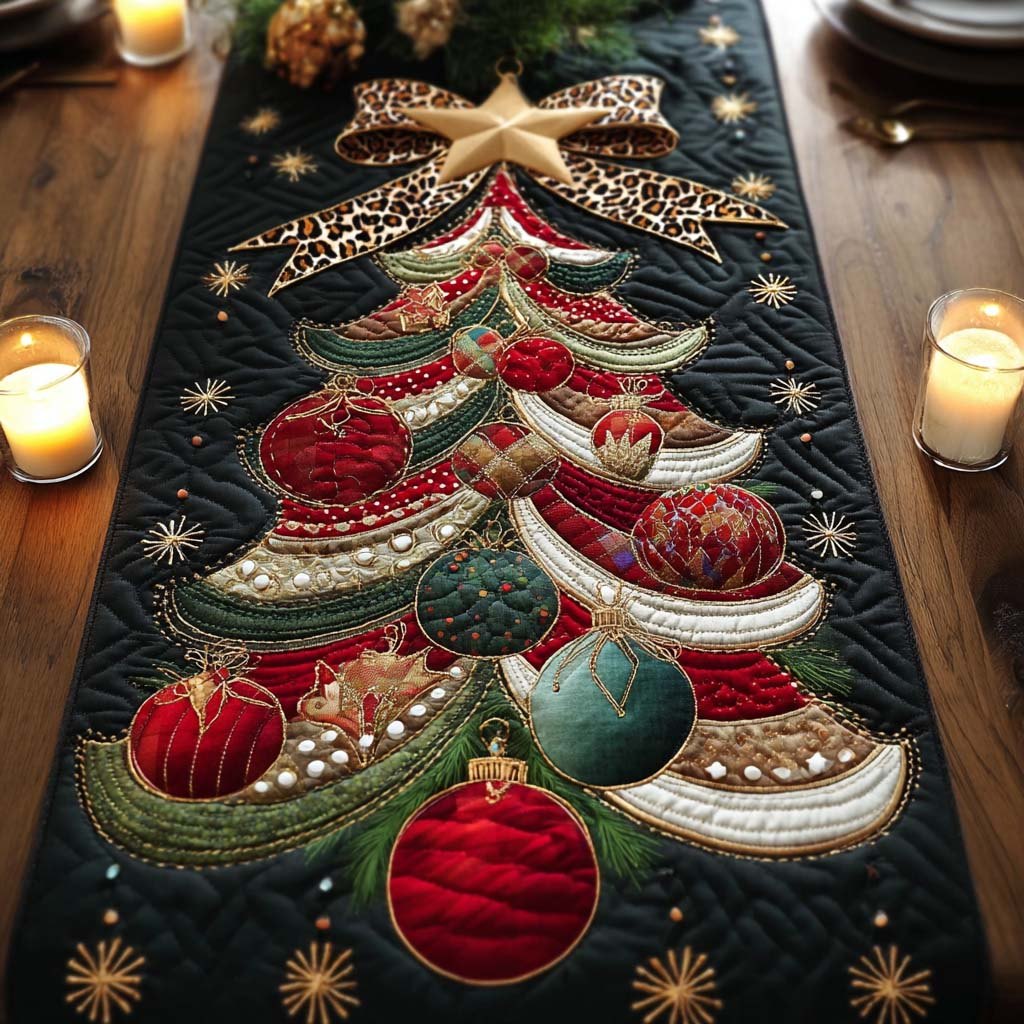 Christmas Tree with Ornaments on Cream Table Runner