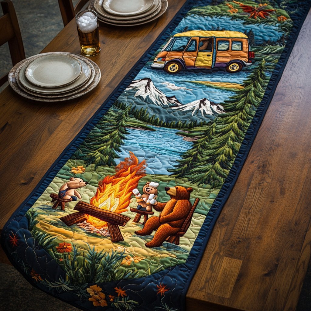Bears Around a Lakeside Campfire Table Runner