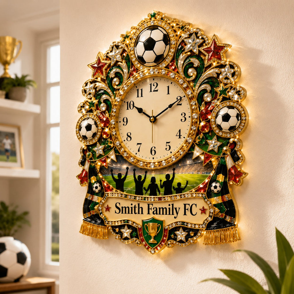 Soccer family Custom Name Wall Clock — personalized with a custom name