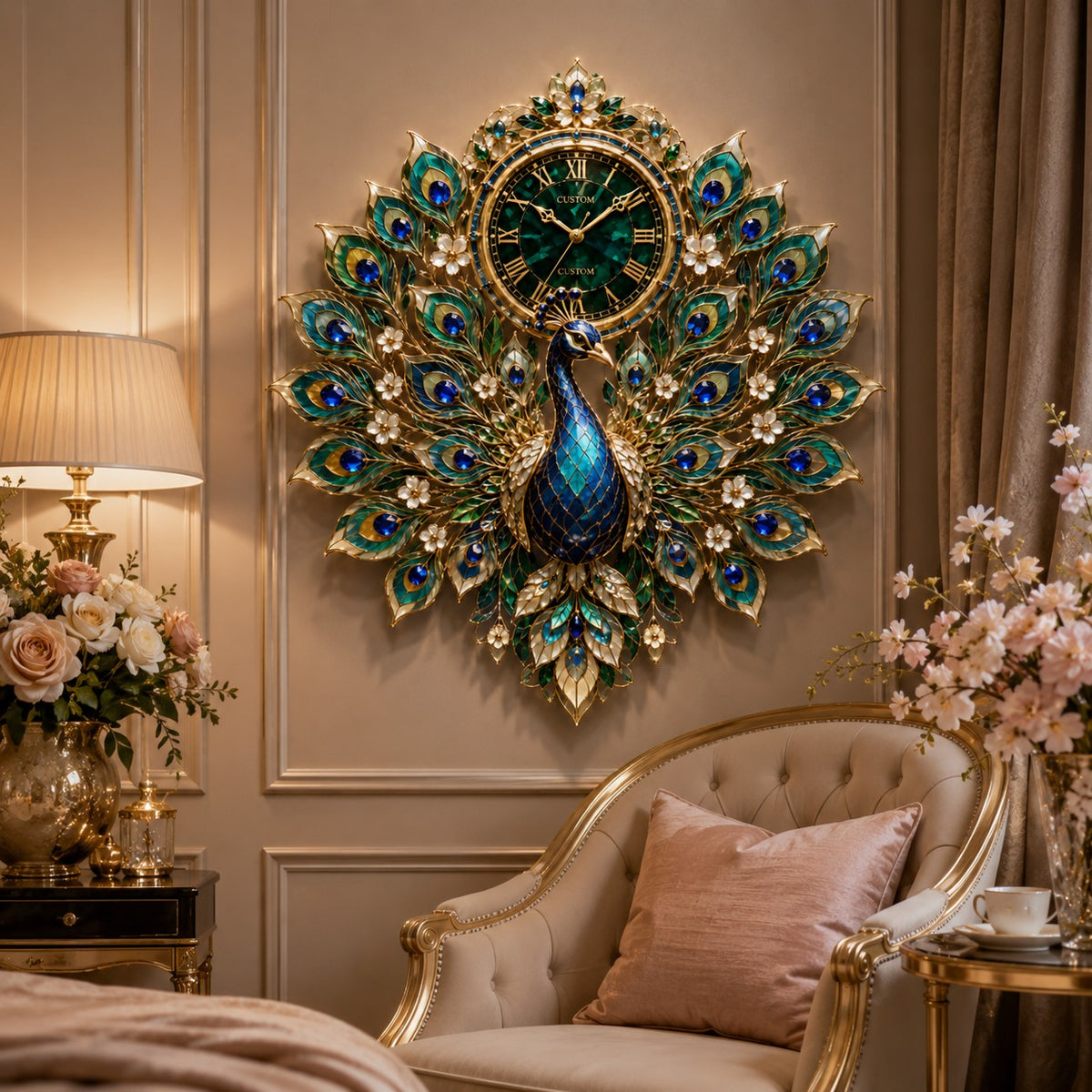 Personalized Peacock Wall Clock with a custom name set into the design