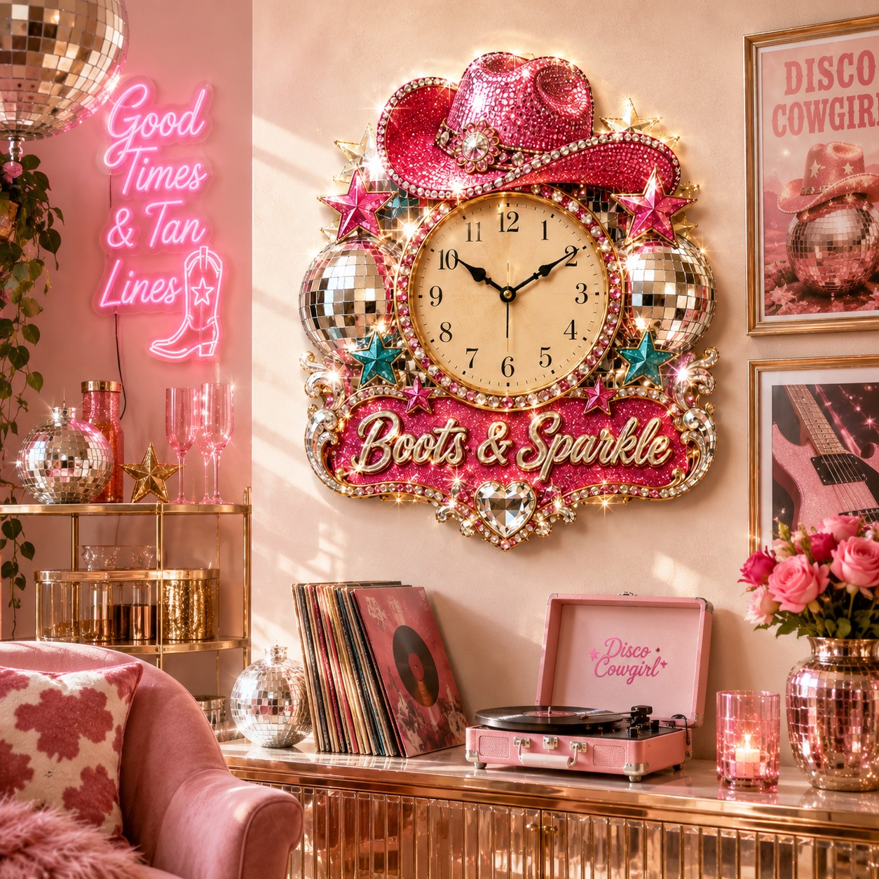 Disco cowgirl Custom Name Wall Clock — personalized with a custom name