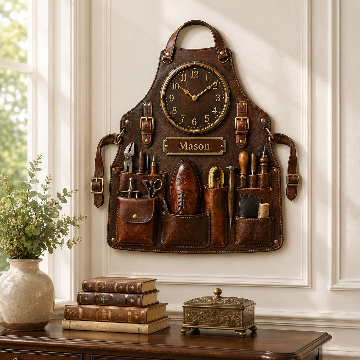 Shoemaker apron Custom Name Wall Clock — personalized with a custom name